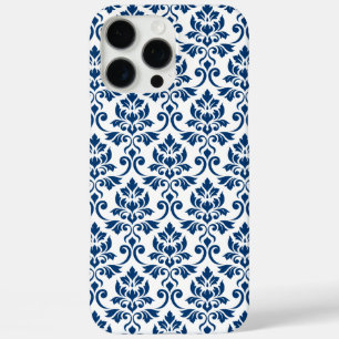 Coques iPhone 16 Pro Max Feuille Damask Pattern bleu foncé sur blanc