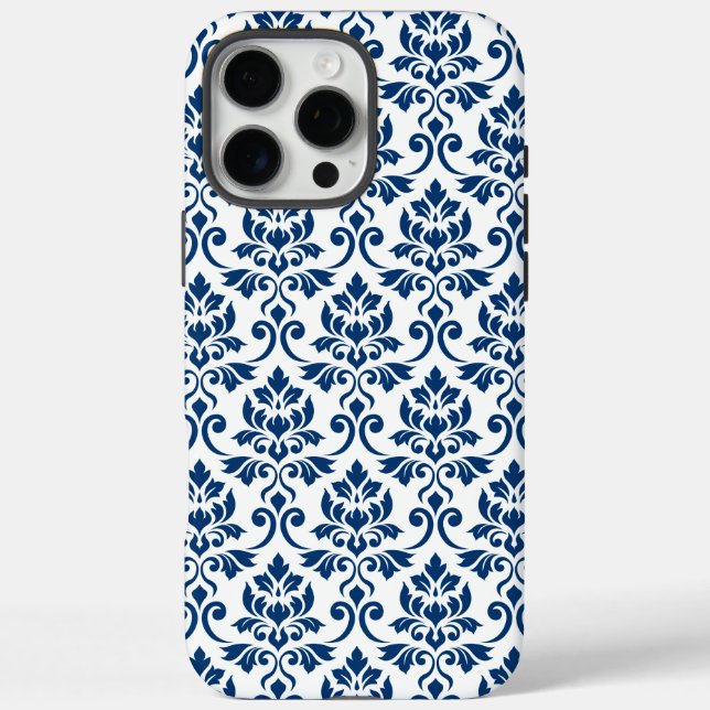 Coques Case-Mate iPhone Feuille Damask Pattern bleu foncé sur blanc (Verso)