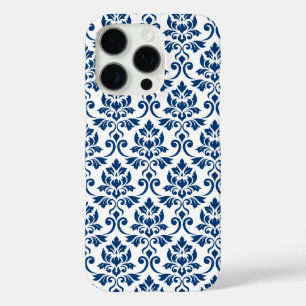 Coques iPhone 16 Pro Feuille Damask Pattern bleu foncé sur blanc