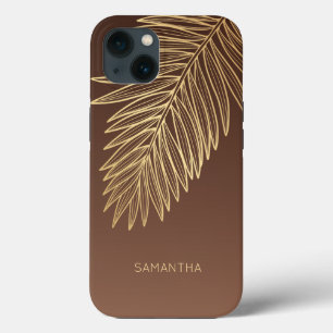 Case-Mate iPhone Case Feuille de palme d'or tropicale, Votre nom, Brown