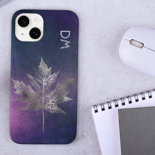 Coque Pour iPhone 14 Feuille d'érable en argent sur un monogramme rose 