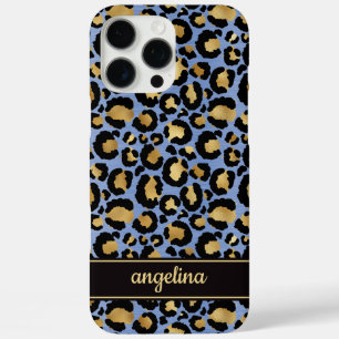 Coques iPhone 16 Pro Max Feuille d'Or sur Imprimé Léopard Bleu Monogrammé