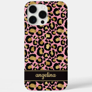 Coques iPhone 16 Pro Max Feuille d'Or sur Imprimé Léopard Rose Monogrammé