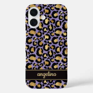 Coque Pour iPhone 16 Feuille d'Or sur Imprimé Léopard Violet Monogrammé