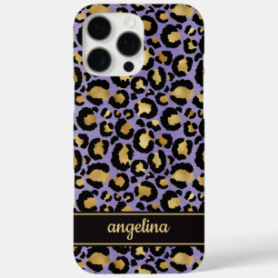Coques iPhone 16 Pro Max Feuille d'Or sur Imprimé Léopard Violet Monogrammé