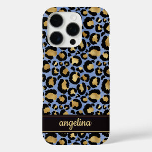 Coques iPhone 16 Pro Feuille d'or sur monogramme imprimé léopard bleu