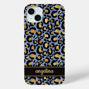 Coque iPhone 15 Mini Feuille d'or sur monogramme imprimé léopard bleu