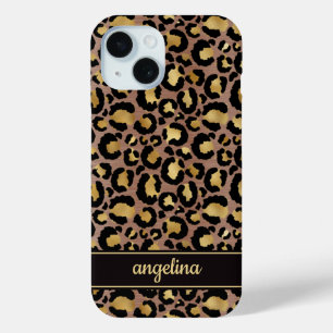 Coque Pour iPhone 15 Feuille d'Or sur Monogramme Imprimé Léopard Brun