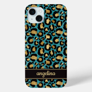 Coque iPhone 15 Mini Feuille d'or sur monogramme imprimé léopard sarcel