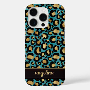 Coques iPhone 16 Pro Feuille d'Or sur Monogramme Imprimé Léopard Turquo
