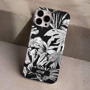 Coques iPhone 16 Pro Feuille tropicale noire et blanche moderne unique 