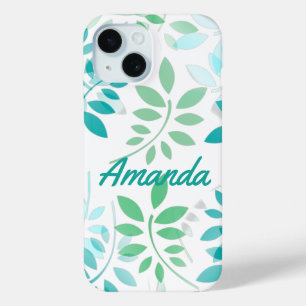 Coque Pour iPhone 15 Feuilles bleu vert