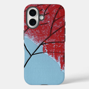Coque Pour iPhone 16 Feuilles d'arbre rouges abstraites sur fond bleu