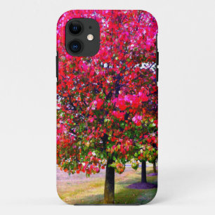 Coque iPhone 11 Feuilles d'automne rose impressionniste