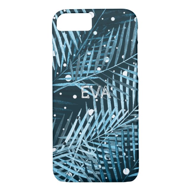 Coques Case-Mate iPhone Feuilles de palme sur bleu avec pois blancs. (Dos)