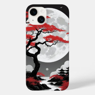 Coque Pour iPhone 14 feuilles rouges et pleine lune