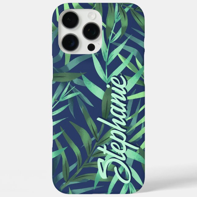 Coques Case-Mate iPhone Feuilles Tropical Vert Et Bleu Nom Personnalisé (Verso)