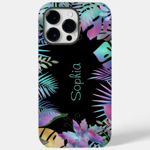 Coque Pour Pour iPhone 14 Pro Max Feuilles tropicales iridescentes, nom sarcelle cla