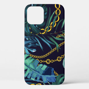 Case-Mate iPhone Case Feuilles tropicaux, chaînes d'or, sans soudure.