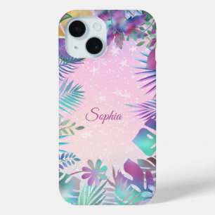 Coque Pour iPhone 15 Feuilles tropicaux, Ciel rose Étoiles blanches, No