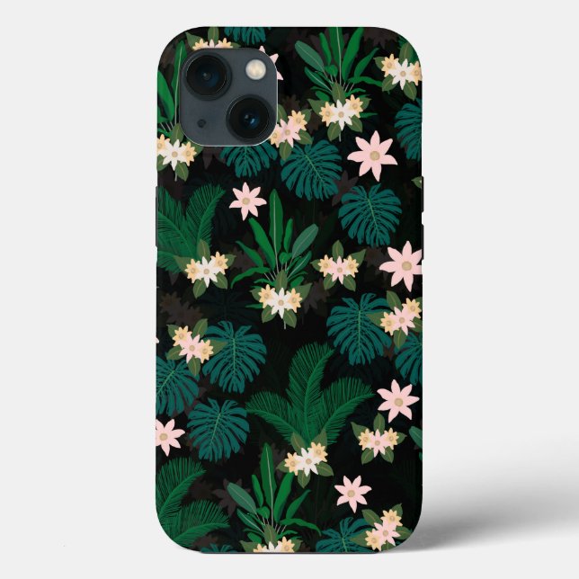 Coques Case-Mate iPhone Feuilles tropicaux et fleurs Motif noir (Verso)