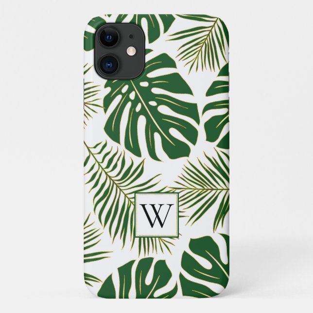 Coques Case-Mate iPhone Feuilles tropicaux et monogrammes verts et or (Dos)