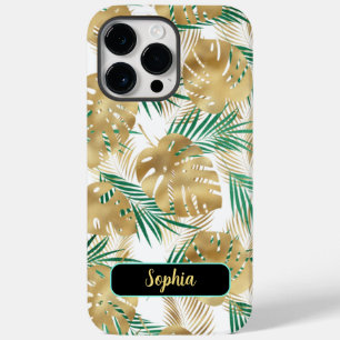 Coque Pour Pour iPhone 14 Pro Max Feuilles Tropicaux Gold & Green, Nom Or, Blanc
