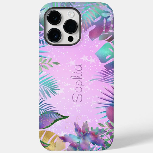 Coques Case-Mate iPhone Feuilles Tropicaux Iridescendant, Nom Étoiles Blan (Verso)