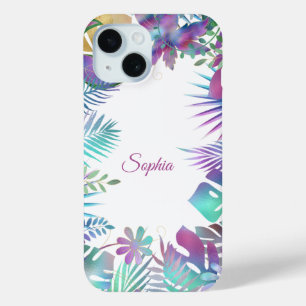 Coque Pour iPhone 15 Feuilles tropicaux, Nom de script en blanc