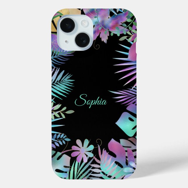 Coques Case-Mate iPhone Feuilles tropicaux, nom de script Turquoise sur no (Verso)
