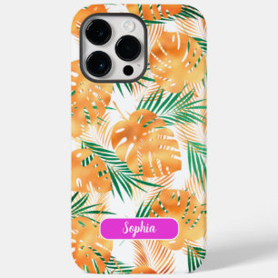 Coque Pour Pour iPhone 14 Pro Max Feuilles tropicaux orange et vert, nom du script