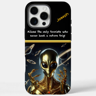 Coques iPhone 16 Pro Max Figure Alien dorée parmi les anneaux cosmiques à l