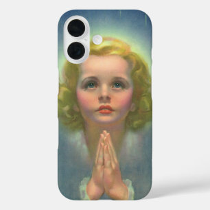 Coque Pour iPhone 16 Fille blonde angélique avec halo et étoiles priant