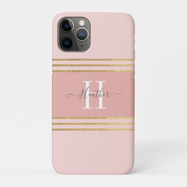 Coques Case-Mate iPhone Fille Blush Rose or Monogramme Bande (Dos)