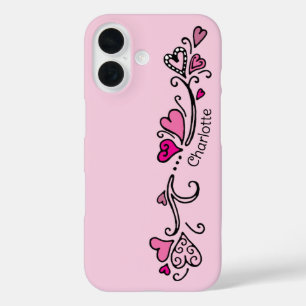 Coque Pour iPhone 16 Fille Coeurs roses chauds avec nom Coque-Mate iPh