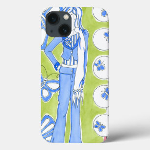 Etui iPhone 13 Fille fascinante environnante de papillons bleus