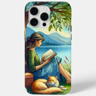 Coque iPhone 15 Pro Max Fille lisant un livre sous un arbre avec un chat e
