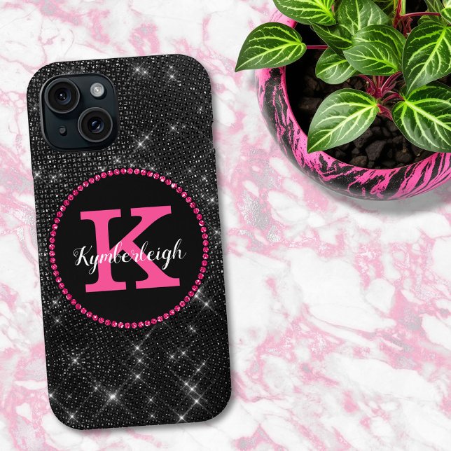 Coques Case-Mate iPhone Fille Noir Hot rose Glam Diamond Nom (Créateur téléchargé)