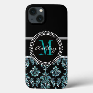 Etui iPhone 13 Fille Parties scintillant Bleu Noir Damas Personna
