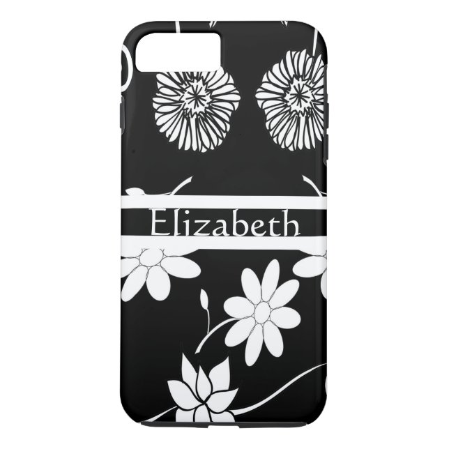 Coques Case-Mate iPhone Fille personnalisée Floral noir & blanc avec nom (Dos)
