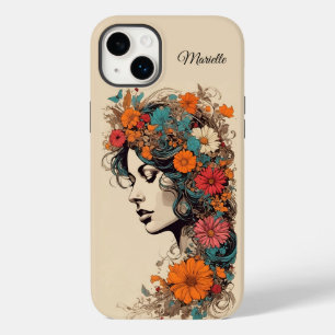 Coque Pour iPhone 14 Plus Fille Rétro avec des fleurs dans les cheveux