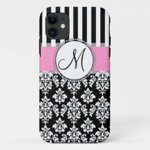 Coques Pour iPhone Fille, rose, noir, Damas, ton monogramme initial