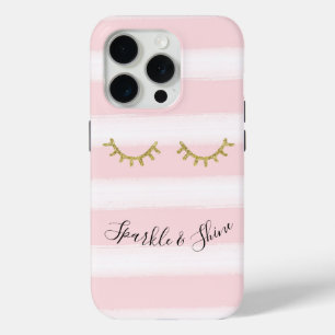 Coque iPhone 15 Pro Fille rose rayures or Parties scintillant cils
