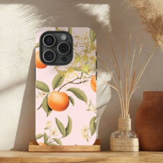 Coque Pour iPhone 15 Fille Trellis aux fruits roses, orange et or d'abr