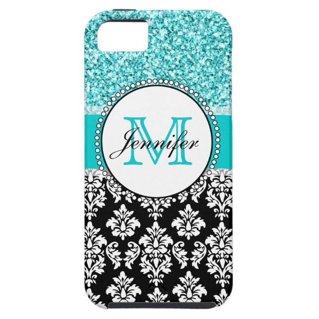 Coques Case-Mate iPhone Fille, Turquoise, Parties scintillant, Damas noirs (Dos)