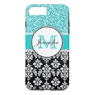 Coque Case-Mate Pour iPhone Fille, Turquoise, Parties scintillant, Damas noirs