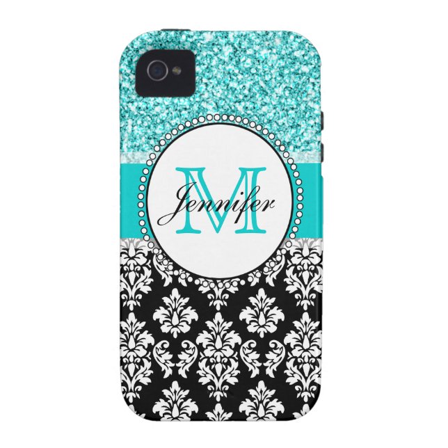 Coques Case-Mate iPhone Fille, Turquoise, Parties scintillant, Damas noirs (Dos)