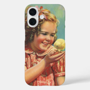 Coques iPhone 16 Fille vintage avec poussin, enfant heureux sourian