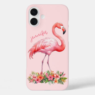 Coques iPhone 16 Plus Flamant rose avec fleurs tropicales