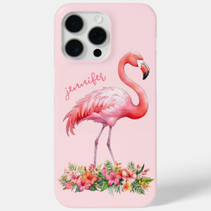 Coque iPhone 15 Pro Max Flamant rose avec fleurs tropicales